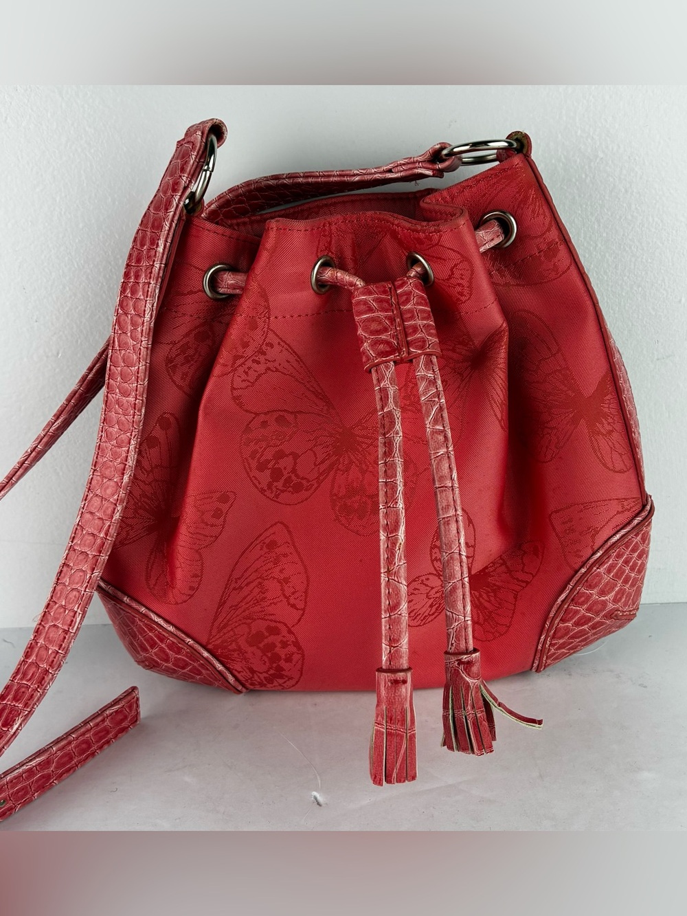 Liz Claiborne Butterfly Embroidered Small Drawstring Bucket Bag